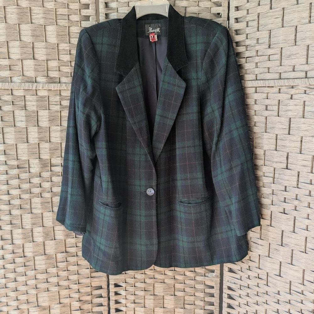Vtg Radcliffe Blazer Green Tartan Plaid Velvet Collar Single Button 20W Preppy